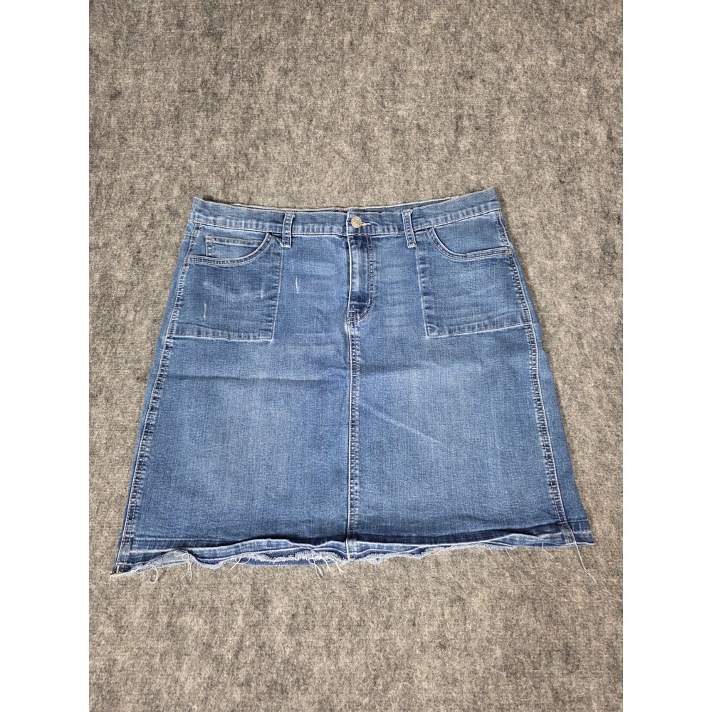 Womens Skirt 16 Blue Denim Patch Pocket Raw Hem Stretch Jean Cato Premium